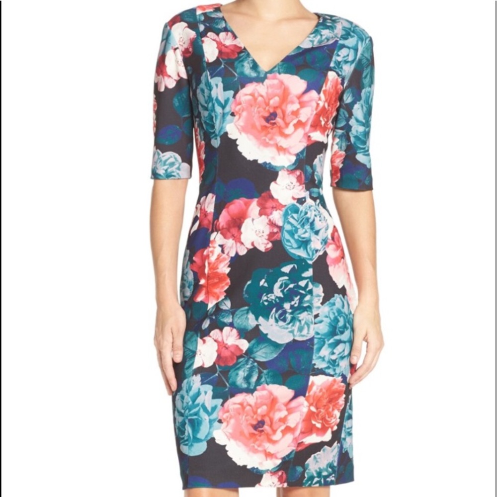 NWT Eliza J Pink Green Floral Sheath Vneck Dress